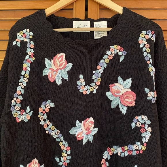 Vintage 90s Katie Lee Tunic Sweater Medium Cottagecore Knit Embroidered Floral - Picture 4 of 9